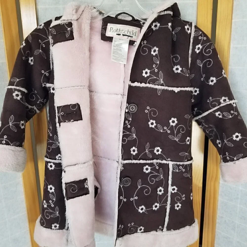 Rothschild Girl's Brown and Pink Dress Coat Size Small/4 Faux Suede Faux Fur